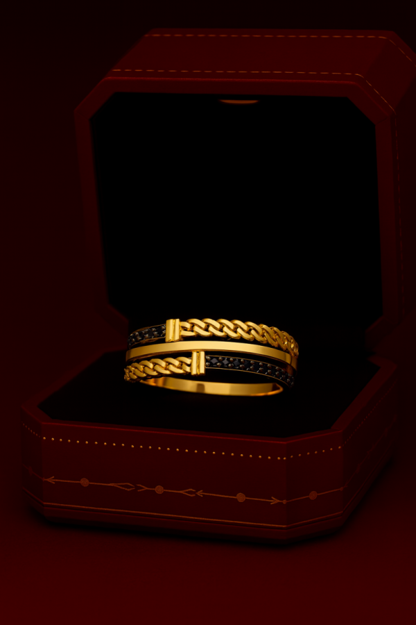 Pierścionek R.18 z motywem ogniw i czarnymi kamieniami złoto 585 