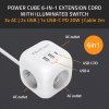 Qoltec Kostka zasilająca przedłużacz 6w1 z podświetlanym włącznikiem |  3x AC | 2x USB | 1x USB-C PD 20W | biała | kabel 2m