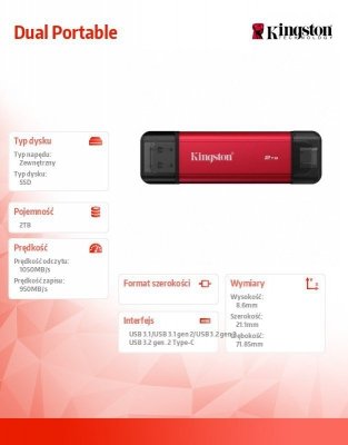 Kingston Dysk zewnętrzny SSD 2TB DualPortable USB-A/C 3.2 Gen2