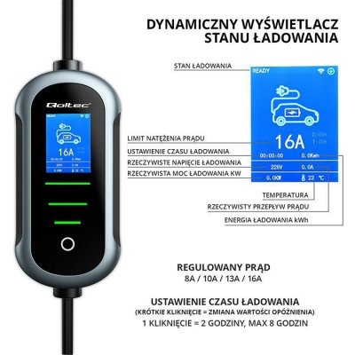 Qoltec Mobilna ładowarka do samochodu elektrycznego EV z regulacją 2w1  Typ2 | 11kW | 400V | Wi-Fi | TUYA | SMART LIFE | LCD | Wallbox | 5m