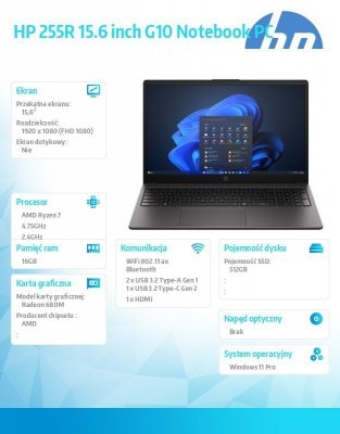 HP Inc. Notebook 255R G10 R7-7735U 512GB/16GB/W11P/15,6 cali D4TJ0ET