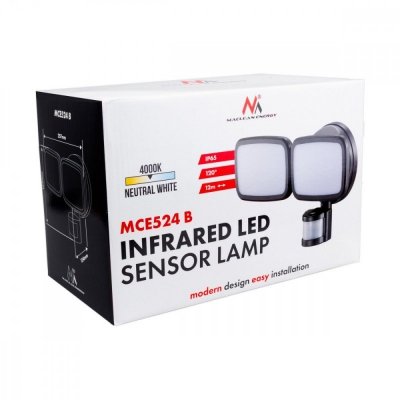 Maclean Ścienna lampa LED, czujnik PIR MCE524B 20W, 1500lm, IP65. neutral white 4000K, czarna