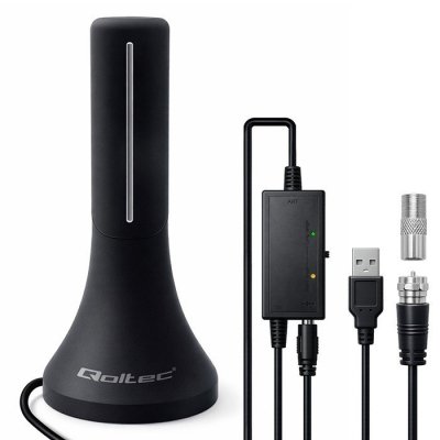 Qoltec Wewnętrzna antena DVB-T/T2 | wzmacniacz sygnału | 4K | wysoki zysk 32dBi | kabel 4m