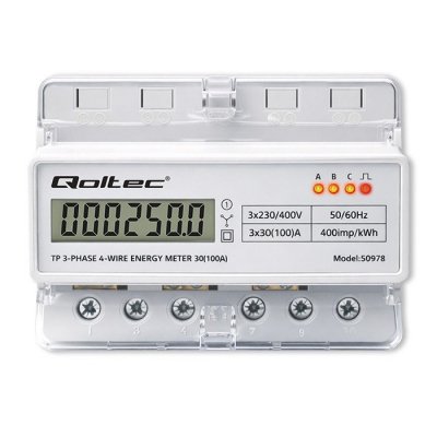 Qoltec Trójfazowy elektroniczny licznik | miernik zużycia energii na szynę DIN | 400V | 100A | LCD | LED | 7P