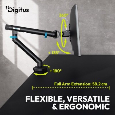 Digitus Ramię biurkowe pojedyncze z zaciskiem i sprężyną mechaniczną 1x LCD max. 35" 10kg, VESA: 75x75, 100x100, czarne