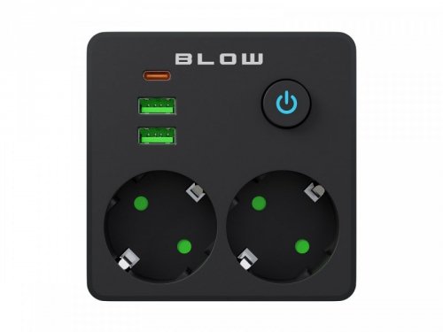 BLOW Rozgałęźnik R-20 PR 2-GNIAZDA + 2USB + USB-C czarny
