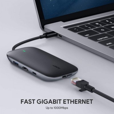AUKEY CB-C71 aluminiowy HUB USB-C | 8w1 | RJ45 Ethernet 10/100/1000Mbps | 3xUSB 3.1 | HDMI 4k@30Hz | SD i microSD | USB-C Power 