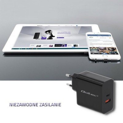 Qoltec Ładowarka sieciowa | 63W | 5-20V | 1.5-3A | USB typ C PD |       USB QC 3.0 | Czarna