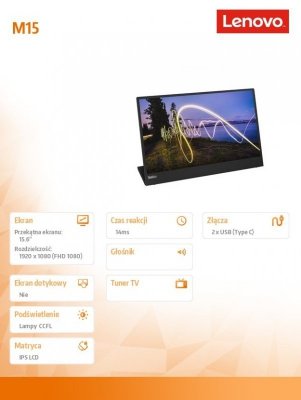 Lenovo Monitor komputerowy 15.6 ThinkVision M15 WLED LCD 62CAUAT1WL