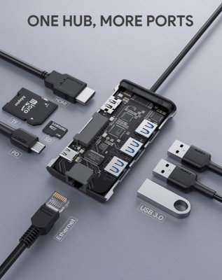 AUKEY CB-C91 aluminiowy HUB USB-C | 8w1 | RJ45 Ethernet 10/100/1000Mbps | 3xUSB 3.1 | HDMI 4k@30Hz | SD i micro SD | USB-C Power