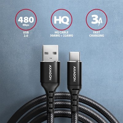 AXAGON BUCM-AM10AB Kabel USB-C  USB-A, 1.0m USB 2.0, 3A, ALU, oplot Czarny