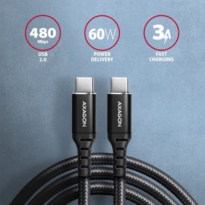AXAGON Kabel BUCM-CM30AB USB-C USB-C 2.0, 3m, PD 60W, 3A, ALU, oplot, Czarny