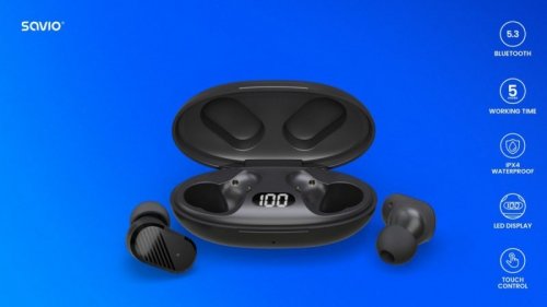 Savio Słuchawki  bezprzewodowe Bluetooth 5.3, IPX4, dotykowe sterowanie, TWS-10