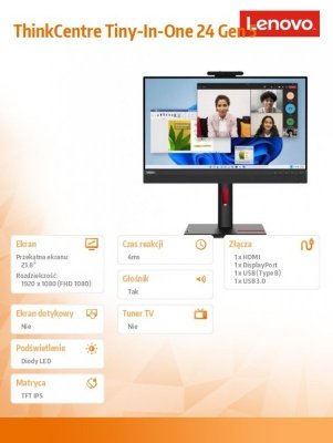 Lenovo Monitor komputerowy 23.8 ThinkCentre Tiny-in-One 24 Gen 5 WLED with Webcam 12NAGAT1EU
