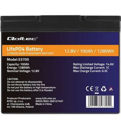 Qoltec Akumulator LiFePO4 Litowo-Żelazowo-Fosforanowy | 12.8V &quot; 100Ah | 1280Wh | BMS
