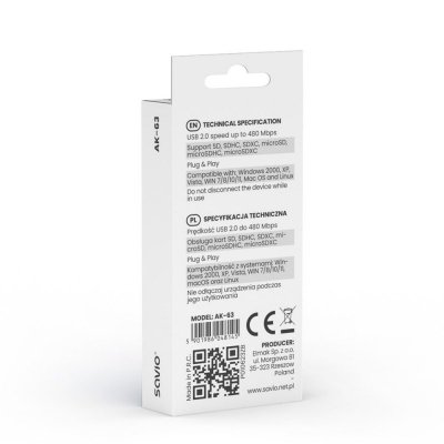 Savio Czytnik kart SD, USB 2.0, 480 Mbps, AK-63