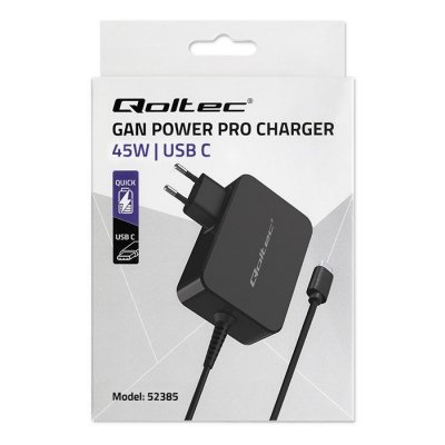 Qoltec Ładowarka GaN Power Pro | 1xUSB-C | 45W | 5-20V | 2.25-3A |      Czarna