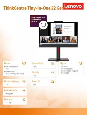 Lenovo Monitor komputerowy 21.5 cala ThinkCentre Tiny-in-One Touch Gen 5 12N9GAT1EU