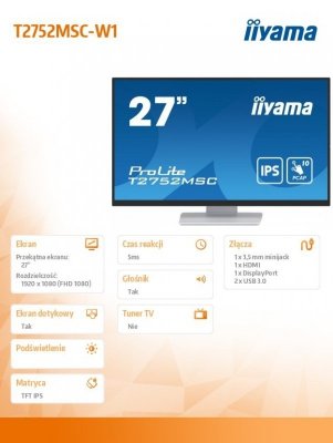 IIYAMA Monitor 27 cali T2752MSC-W1 10 PKT. POJ,IPS,HDMI,DP,2x2USB(3.2),2x1W400cd/m2,7H