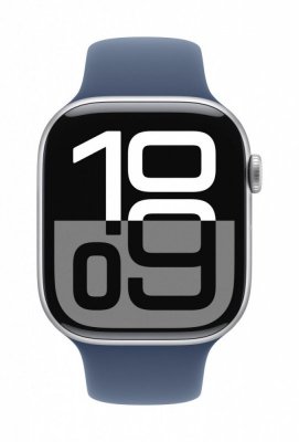 Apple Watch Series 10 GPS, koperta 46 mm z aluminium w kolorze srebrnym z paskiem sportowym w kolorze denim - rozmiar M/L