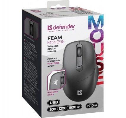 Defender Mysz, myszka  bezprzewodowa silent click FEAM MM-296 RF 1600 DPI Czarna