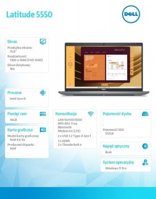 Dell Notebook Latitude 5550 Win11Pro i5-1335U/16GB/512GB SSD Gen4/15.6 FHD/Intel Iris Xe/FgrPr&SmtCd/FHD/IR Cam/Mic/LTE 4G+BT/Backlit Kb/3C/3YPS