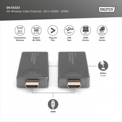 Digitus Przedłużacz/Extender HDMI bezprzewodowy 30m UHD 4K30Hz audio (zestaw)