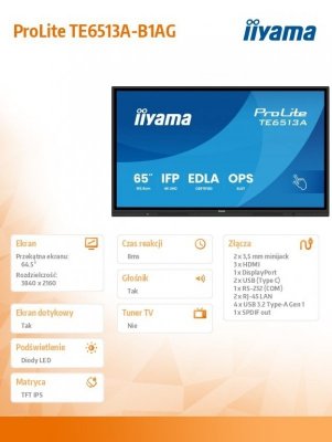 IIYAMA Monitor interaktywny 65 cali TE6513A-B1AG z uchwytem