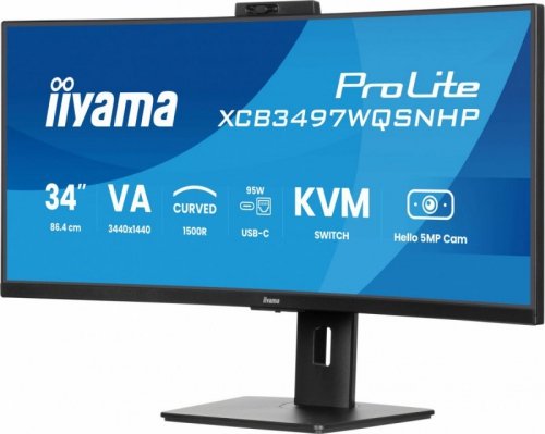 IIYAMA Monitor komputerowy  34 cale XCB3497WQSNPH-B1,VA,UWQHD,1500R,USB-C Dock 95W, RJ45, KVM,2x5W, kamera 5MP, /5y/