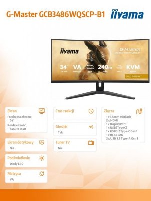 IIYAMA Monitor komputerowy  G-Master 34 cale GCB3486WQSCP-B1,VA,UWQHD,240HZ,0.4ms,1500R,HDR400,500cd,21:9,HDMI (2.1), USB-C dock 95W, RJ45, 2x5W, KVM,PiP