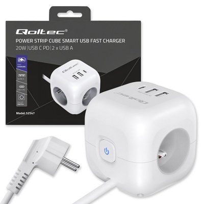 Qoltec Kostka zasilająca przedłużacz 6w1 z podświetlanym włącznikiem |  3x AC | 2x USB | 1x USB-C PD 20W | biała | kabel 2m