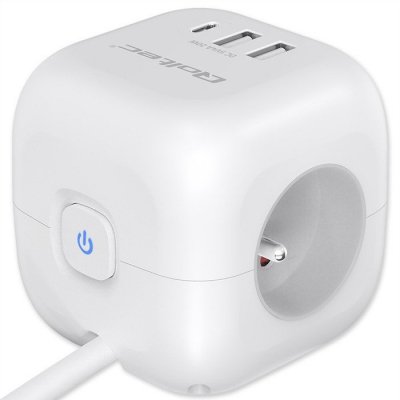 Qoltec Kostka zasilająca przedłużacz 6w1 z podświetlanym włącznikiem |  3x AC | 2x USB | 1x USB-C PD 20W | biała | kabel 2m