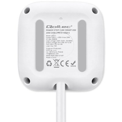 Qoltec Kostka zasilająca przedłużacz 6w1 z podświetlanym włącznikiem |  3x AC | 2x USB | 1x USB-C PD 20W | biała | kabel 2m