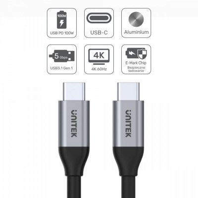 Unitek Kabel USB-C - USB-C PD 100W, 5Gbps, 4K60Hz, 2m, M/M; C14091ABK