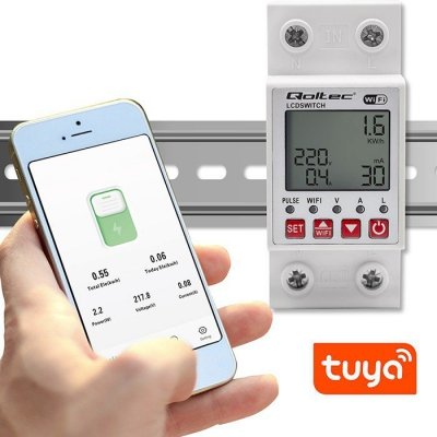 Qoltec Przekaźnik 63A na szynę DIN z licznikiem energii elektrycznej |  Timer | Tuya | Wi-Fi | LED                                                    ~