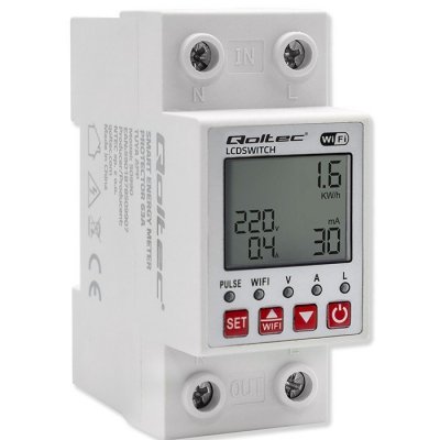Qoltec Przekaźnik 63A na szynę DIN z licznikiem energii elektrycznej |  Timer | Tuya | Wi-Fi | LED                                                    ~