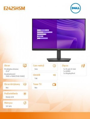 Dell Monitor komputerowy  E2425HSM 23.8 cala VA LED Full HD (1920x1080)/16:9/DP/HDMI/VGA/Głośniki/3Y
