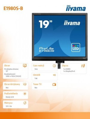 IIYAMA Monitor komputerowy  19 cali E1980S-B1 HDMI DP 250cd 3ms