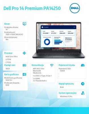 Dell Laptop Dell Pro 14 Premium PA14250 W11P U5-236V/16GB/512GB/14.0 FFHD+ 300nit/Arc/FgrPr/Cams&Mic/5G WWAN+BT/BcklKb/3C/vPro/3YPS Magnesium