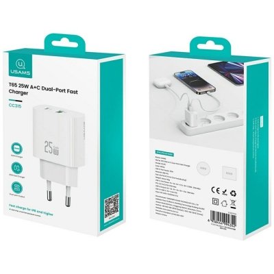 USAMS Ładowarka sieciowa 25W 1xUSB-A 1xUSB-A fast charging Biała