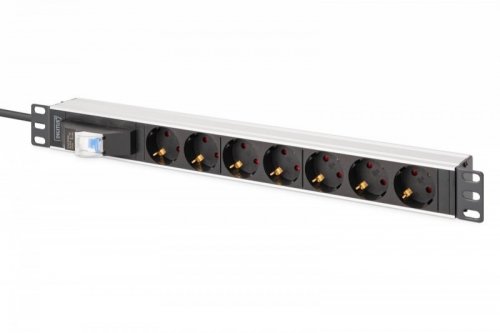 Digitus Listwa zasilająca PDU Rack 19" z wyłącznikiem nadprądowym Typ C 16A, 7 gniazd Schuko CEE 7/3 (45°), kabel 1,8m wtyk Unischuko CEE 7/7, 16A, aluminiowa