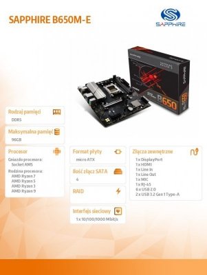 Sapphire Technology Płyta główna B650M-E AM5 2DDR5 mATX