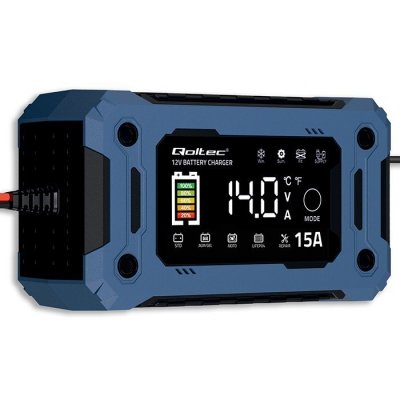 Qoltec Mikroprocesorowa ładowarka 12V 15A | Prostownik z funkcją naprawy i podtrzymania zasilania podczas wymiany akumulatora | do AGM GEL LiFePO4 |   LCD