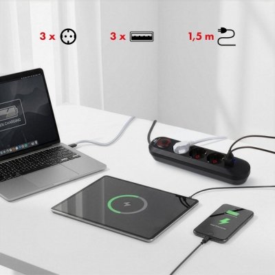 Maclean Listwa zasilająca MCE394 B, 1,5m|3 gniazda + 3xUSB. 110-240V AC 50/60Hz, 2.1A max 2500W, czarna