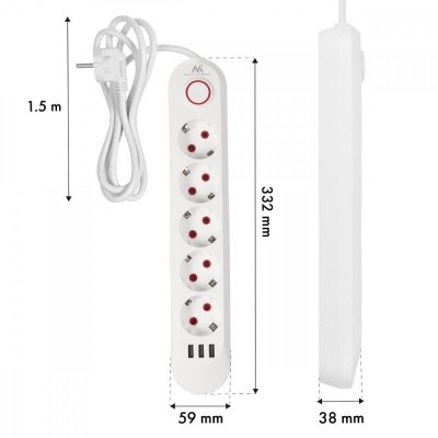Maclean Listwa zasilająca 5 gniazd MCE395 W 3xUSB, 110-240v AC 50/60Hz, 2,1A max 2500W, biała