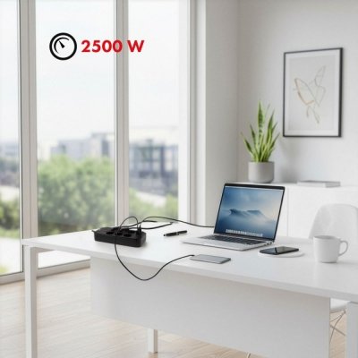Maclean Listwa zasilająca MCE391 B 6 gniazd 4xUSB-A 1xUSB-C, 110-240V AC 50/60Hz, 2.1A max 2500W, czarna