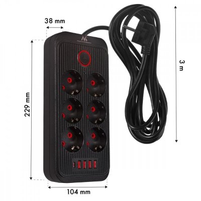 Maclean Listwa zasilająca MCE391 B 6 gniazd 4xUSB-A 1xUSB-C, 110-240V AC 50/60Hz, 2.1A max 2500W, czarna