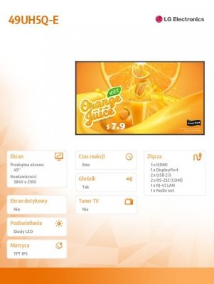 LG Electronics Monitor wielkoformatowy wyświetlacz digital signage 49 cali 49UH5Q-E 500cd/m2 UHD 24/7