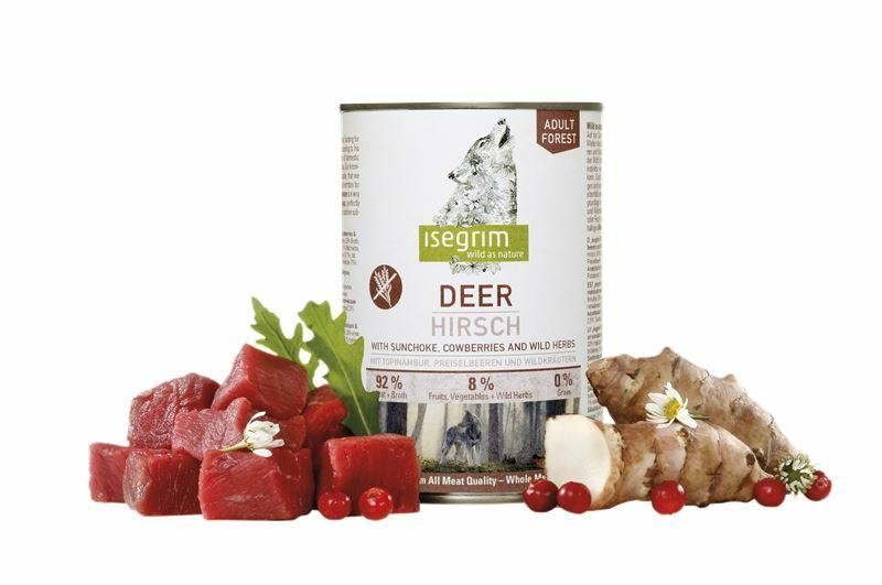 Isegrim Adult Deer 400g puszka Mokra karma dla psów Jeleń z Topinamburem, borówką brusznicą i dzikimi ziołami