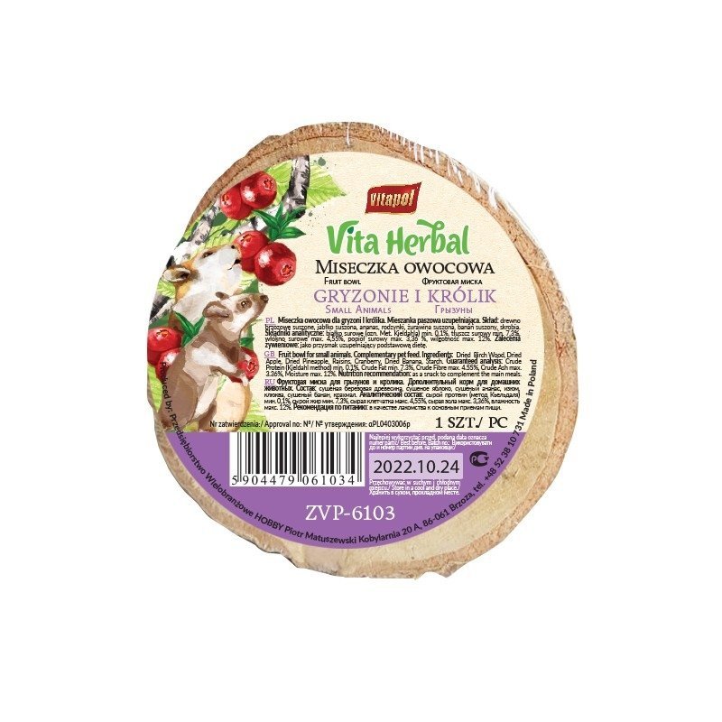 Vitapol Vita Herbal Miseczka owocowa dla gryzoni i królika 1 szt. Przysmak + drewniana miseczka